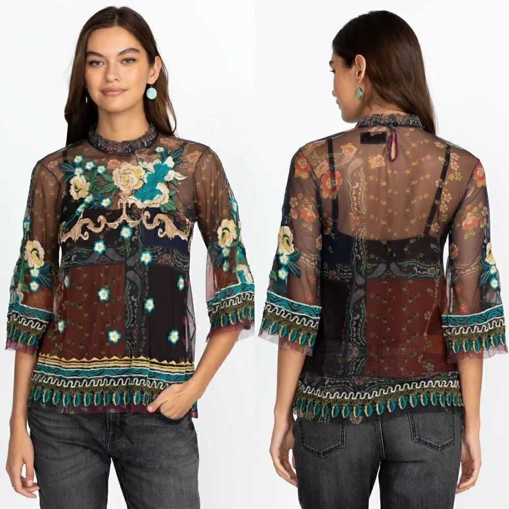 Johnny Was Renley Black Brown Blouse Sheer Mesh Floral Embroidered Size  XS